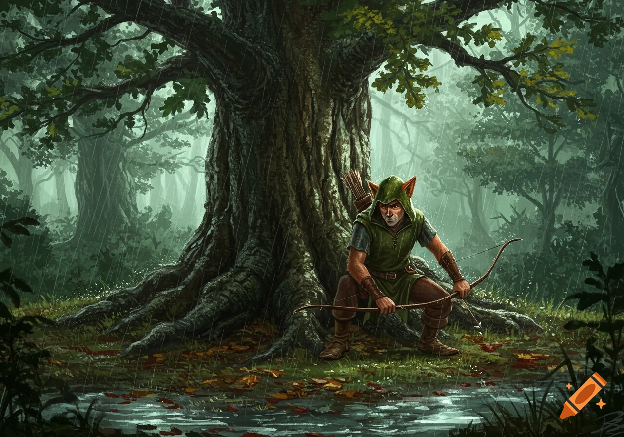 A fantasy character, resembling Robin Hood, crouches under a large tree in a rainy forest, holding a bow.