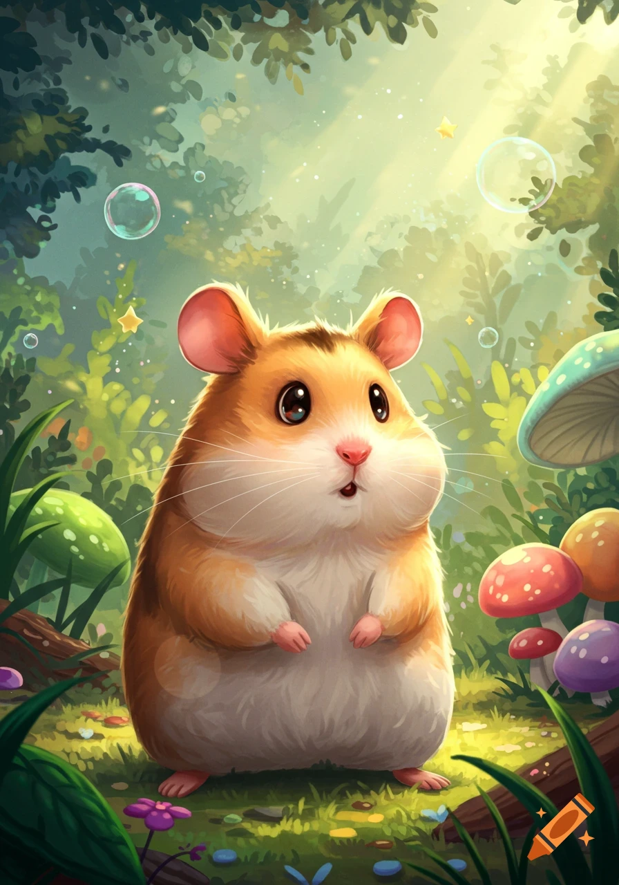 A cute, chubby hamster with big eyes stands in a vibrant, sunlit fantasy forest with colorful mushrooms and floating bubbles. Digital illustration.