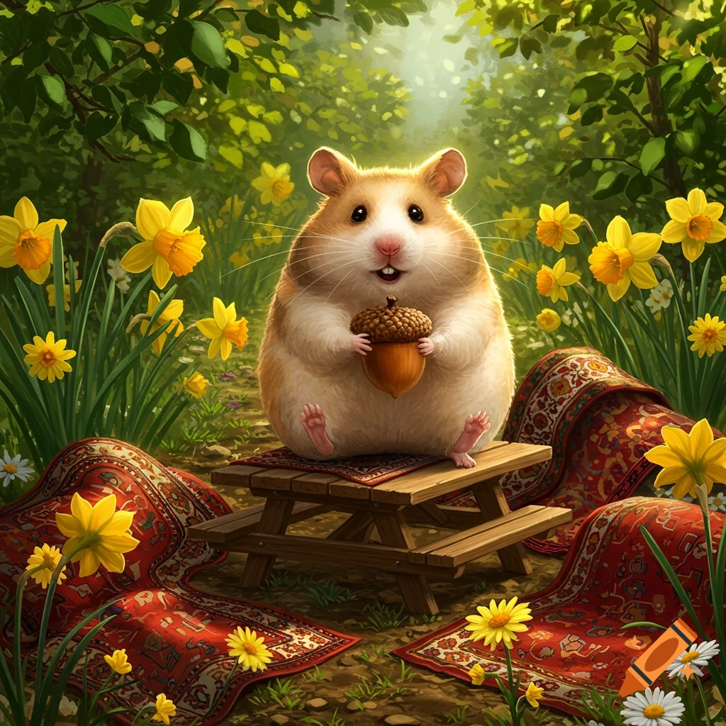 A fluffy, light brown hamster sits on a small wooden picnic table, holding an acorn, in a sunny forest clearing surrounded by yellow daffodils and red patterned rugs.