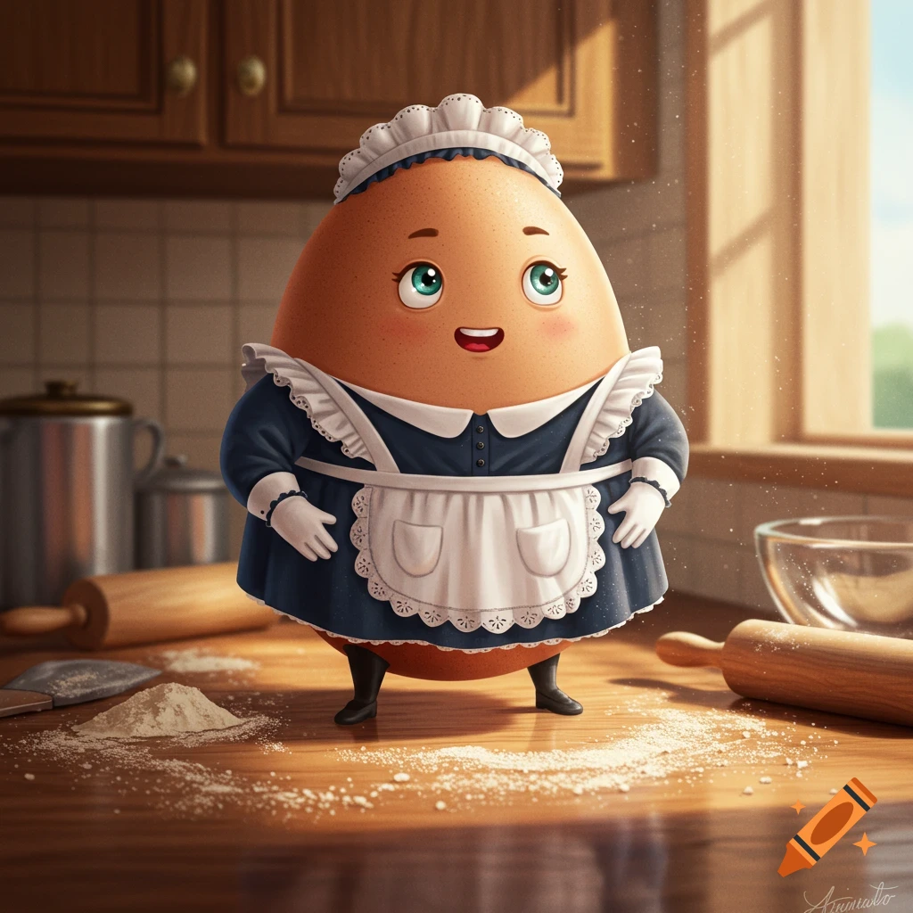 A cute cartoon egg character dressed in a maid outfit stands in a kitchen with flour on the counter.