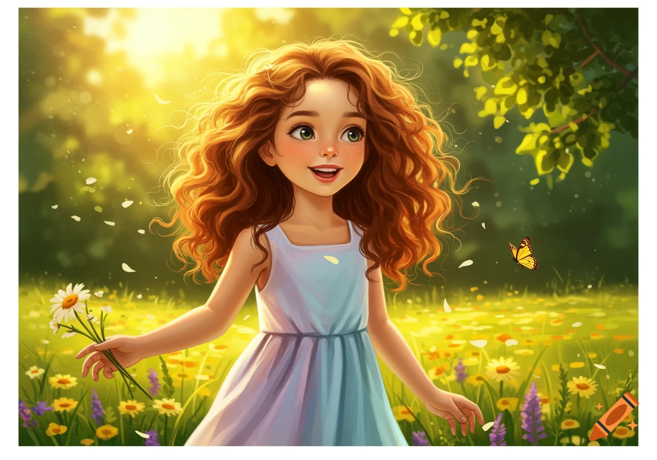A young girl with long, curly red hair smiles in a sunny field of flowers, holding a bouquet of daisies.