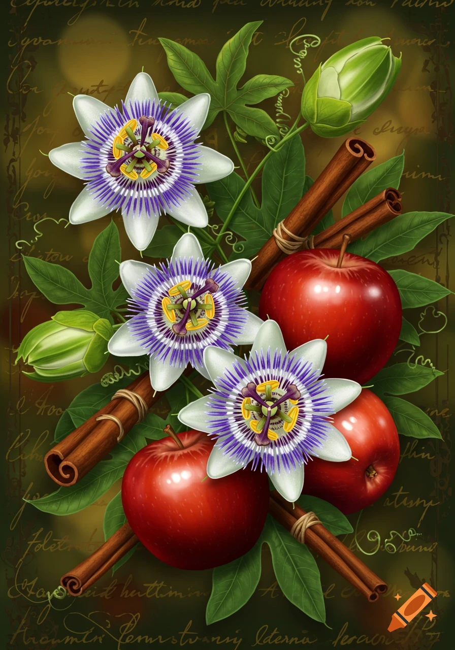 A vibrant illustration featuring purple and white passionflowers, red apples, and cinnamon sticks against a dark background with faint script.