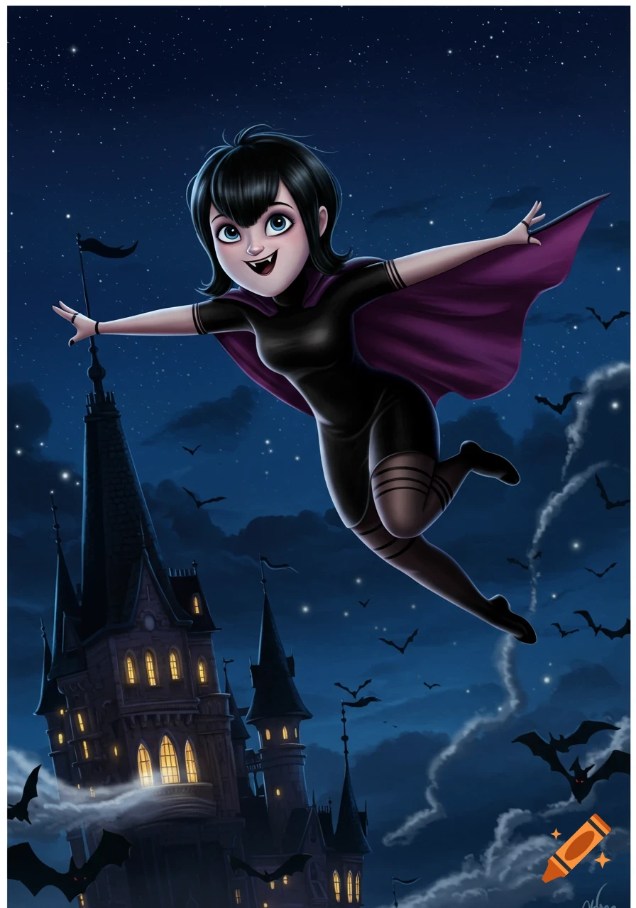 Cartoon vampire girl Mavis flying spread-eagled across a starry night sky above a spooky gothic castle with bats.