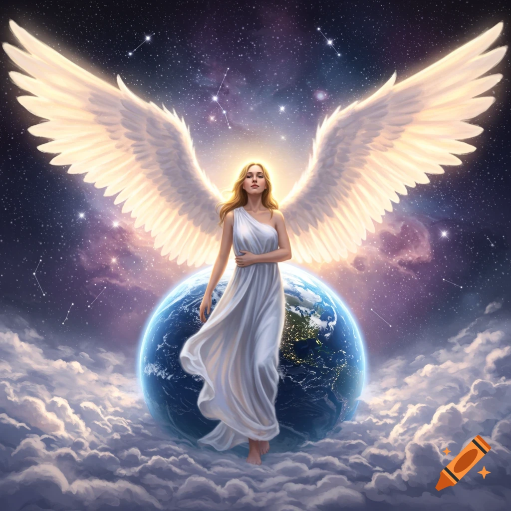 A beautiful angel with large glowing white wings stands gracefully in front of the Earth, surrounded by clouds and a starry sky.