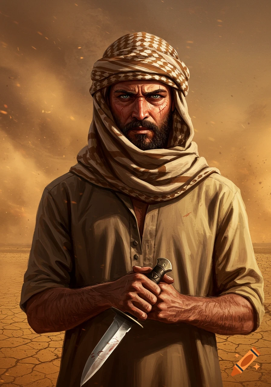 A man with a beard and scars wears a shemagh in a desert wasteland, holding a bloody knife. Digital painting style.