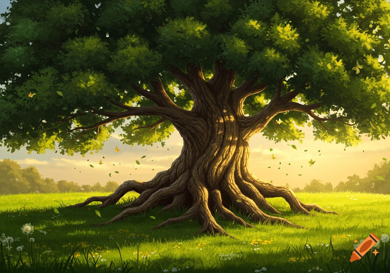 A large, ancient tree with prominent, gnarled roots stands in a vibrant green field under a sunny sky. Leaves and butterflies flutter around it.