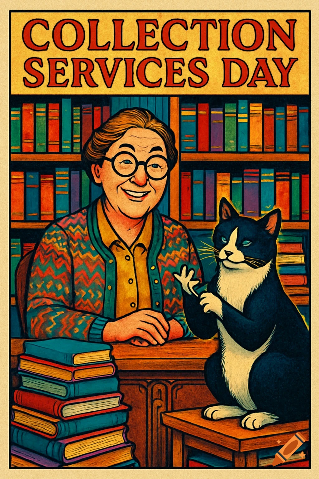 Colorful illustration of a smiling librarian and a tuxedo cat sitting at a desk with books in a library, with 'COLLECTION SERVICES DAY' text at the top.