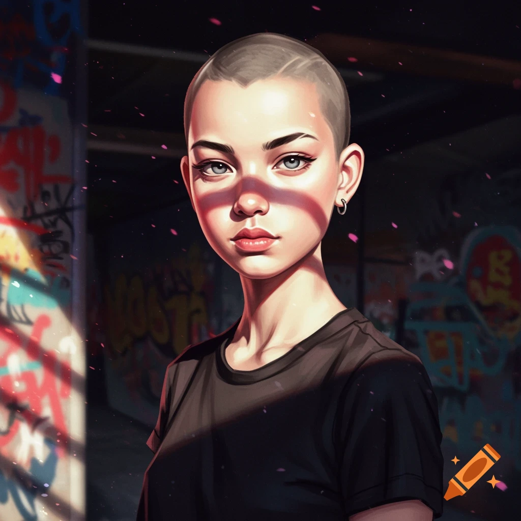 A stylized portrait of a young woman with a buzz cut and earring, illuminated by light streaks in a graffiti-covered urban setting.