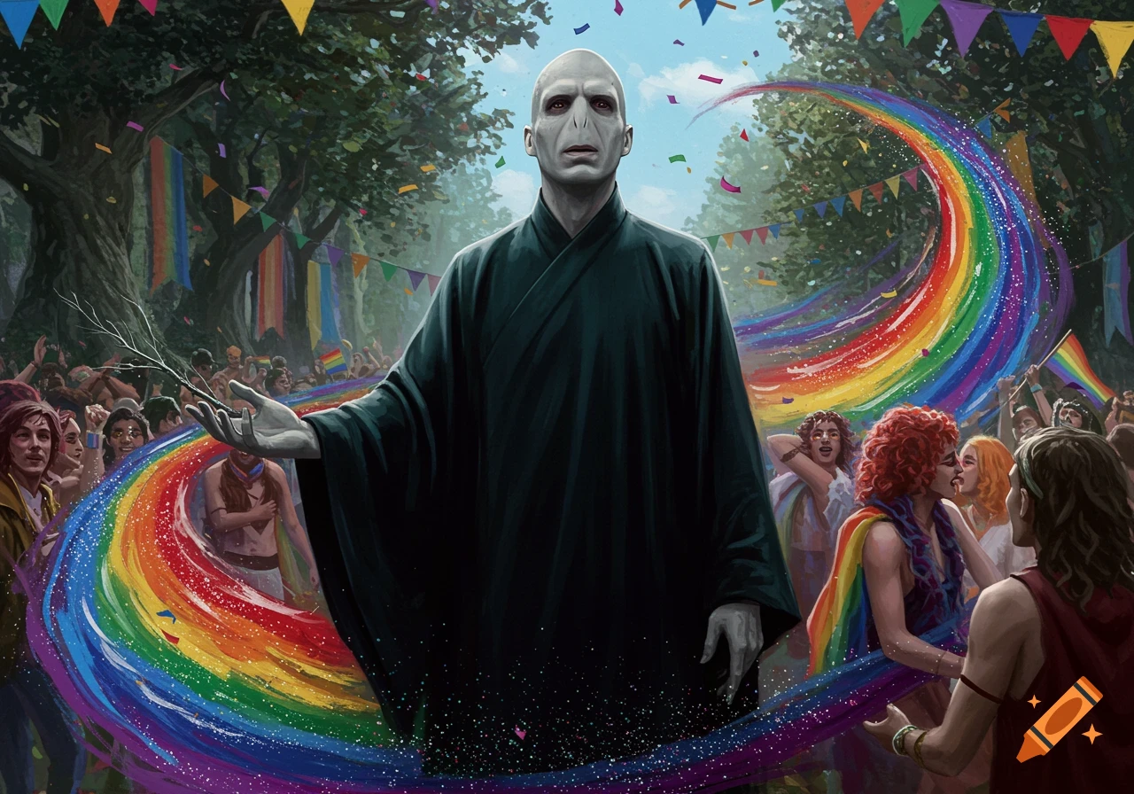 Lord Voldemort stands in a crowd at an LGBTQ+ pride event, surrounded by rainbow flags and confetti.