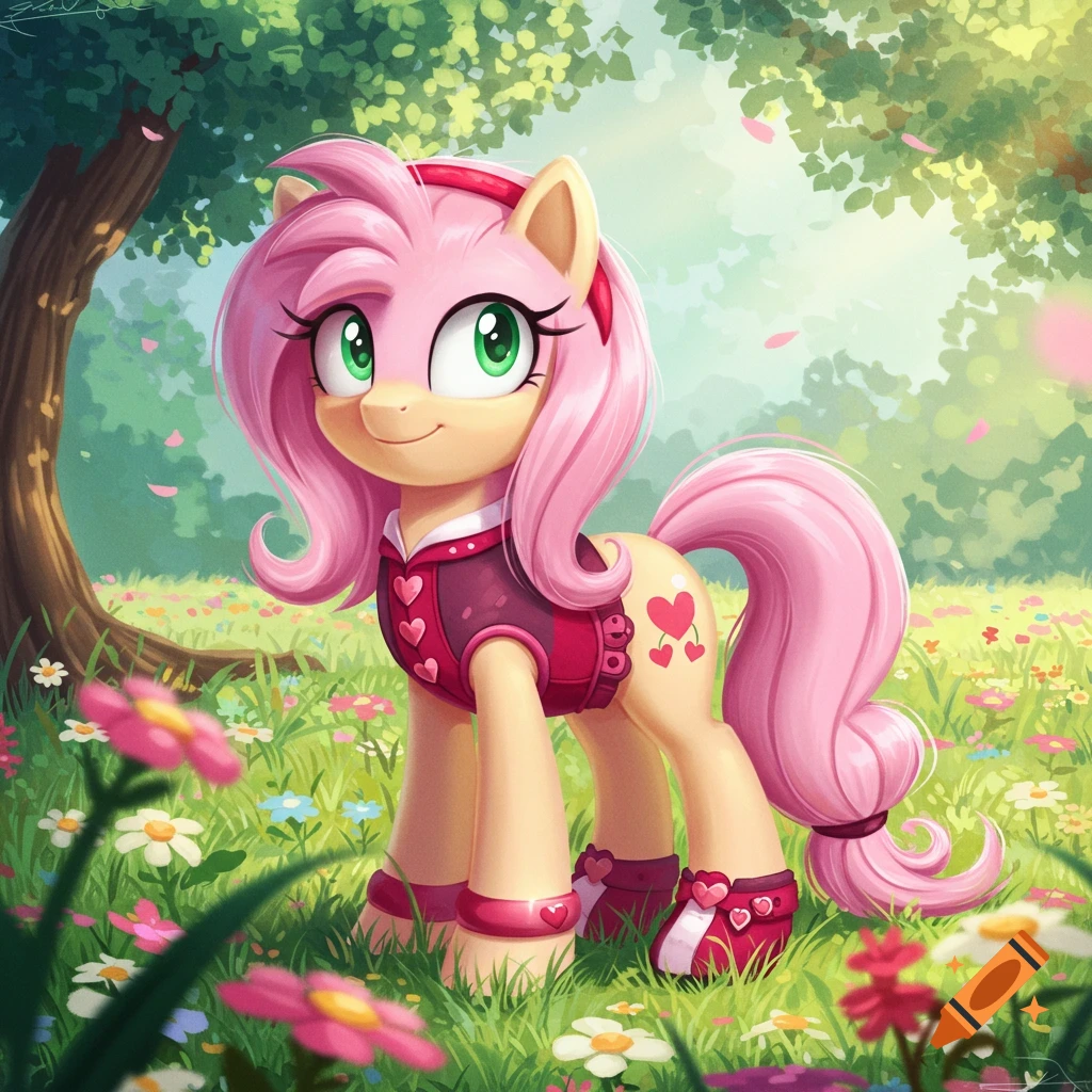 A pink MLP style pony with green eyes and a pink mane, wearing a heart-adorned vest, stands in a vibrant flower field.