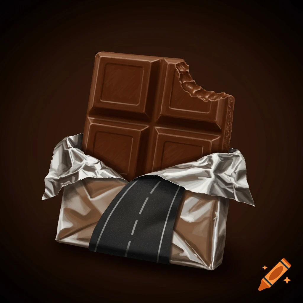 A partially unwrapped chocolate bar with a bite taken out, featuring a ribbon designed as a black highway road.
