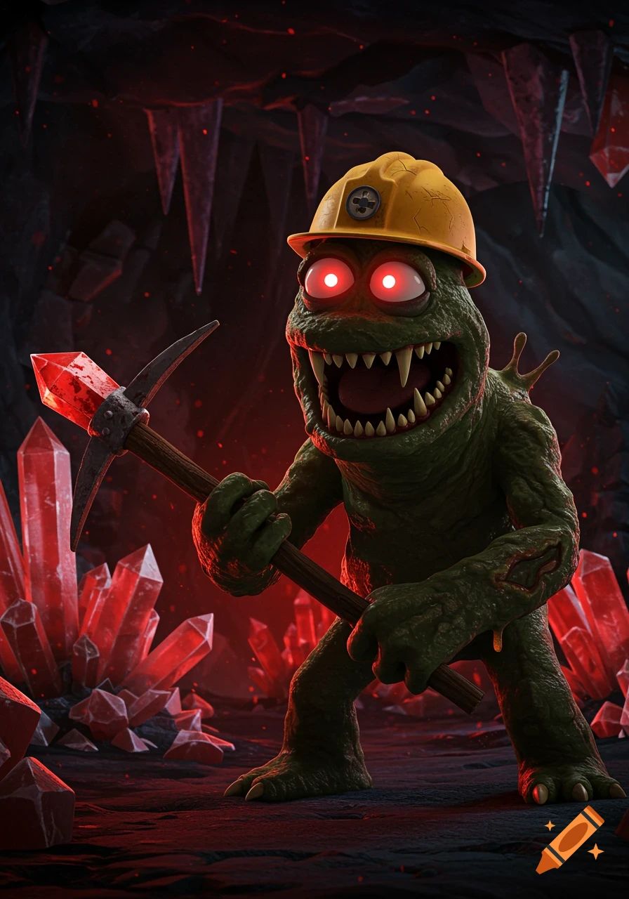 A green monster with red glowing eyes and fangs wears a yellow hard hat and holds a crystal pickaxe in a dark, red-lit cave.