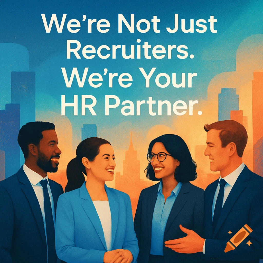 Four diverse business professionals smiling in front of a city skyline with text 'We’re Not Just Recruiters. We’re Your HR Partner.'