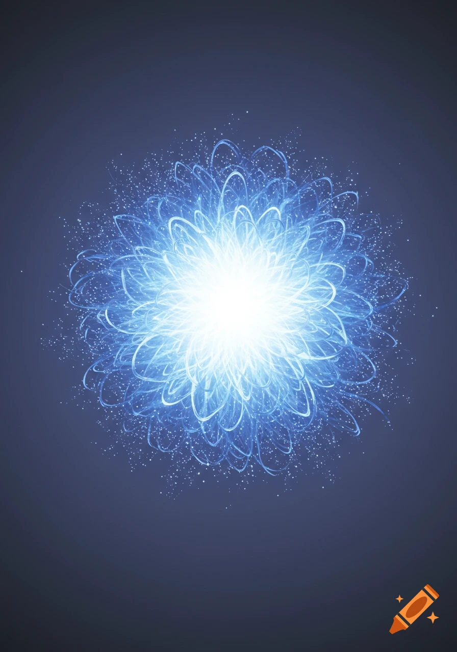 A vibrant blue swirling energy ball with light particles radiating outwards from a bright white center against a dark blue background.