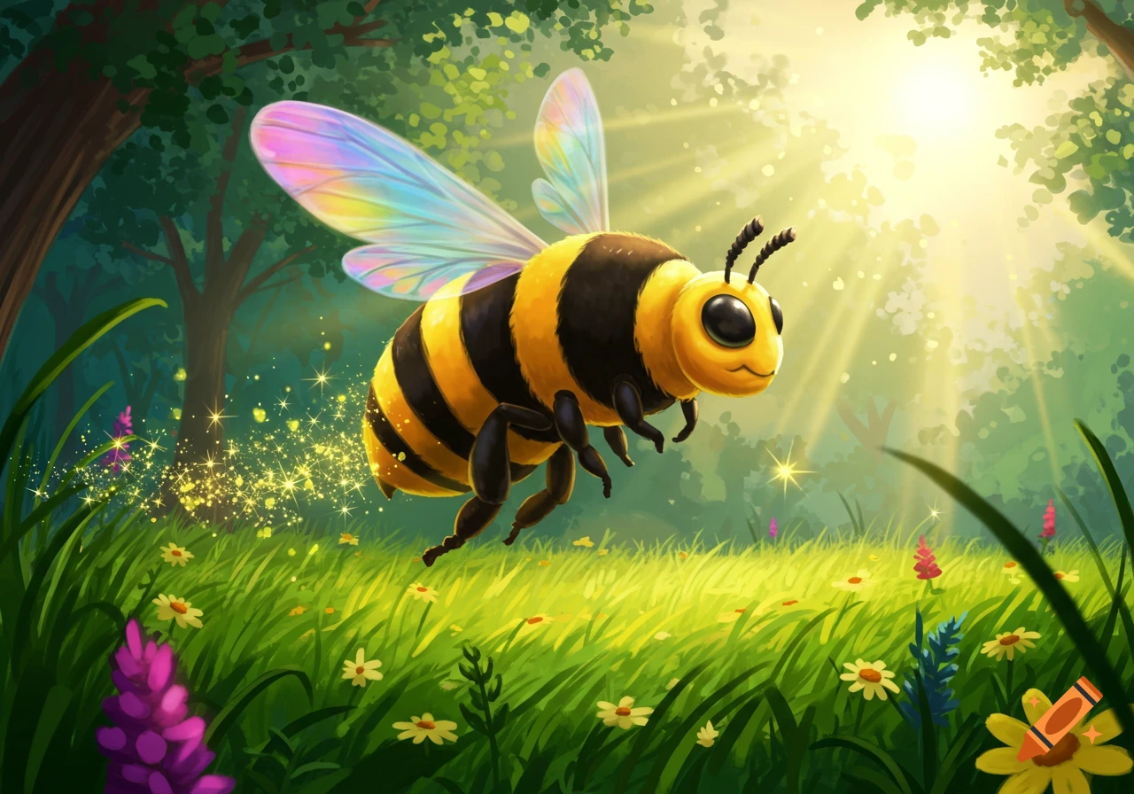 A cheerful cartoon bee with iridescent wings flies through a sunlit, vibrant green meadow with colorful flowers.