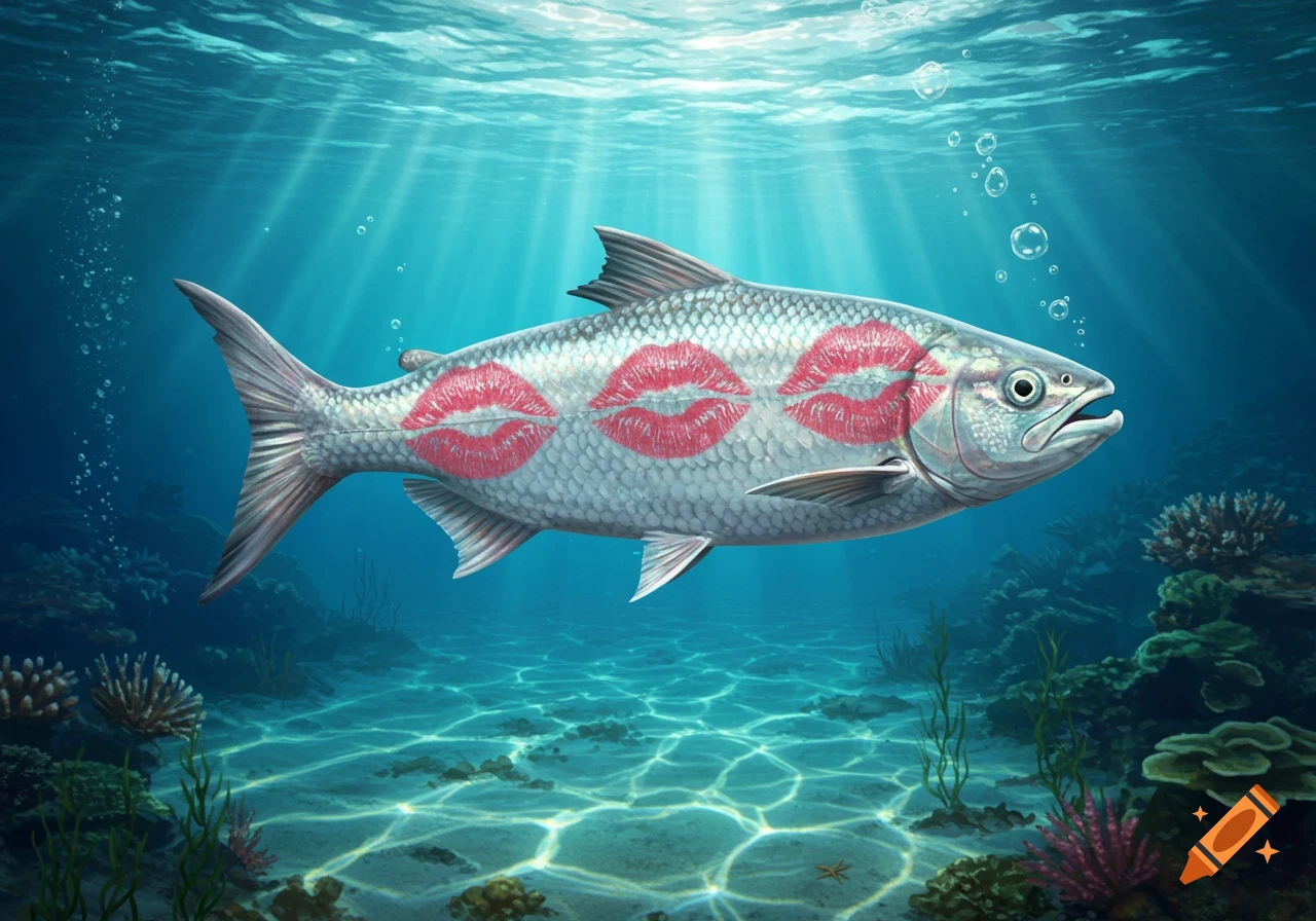 A fish with three red lipstick kiss marks on its side swims in the blue ocean among coral reefs and sunbeams.
