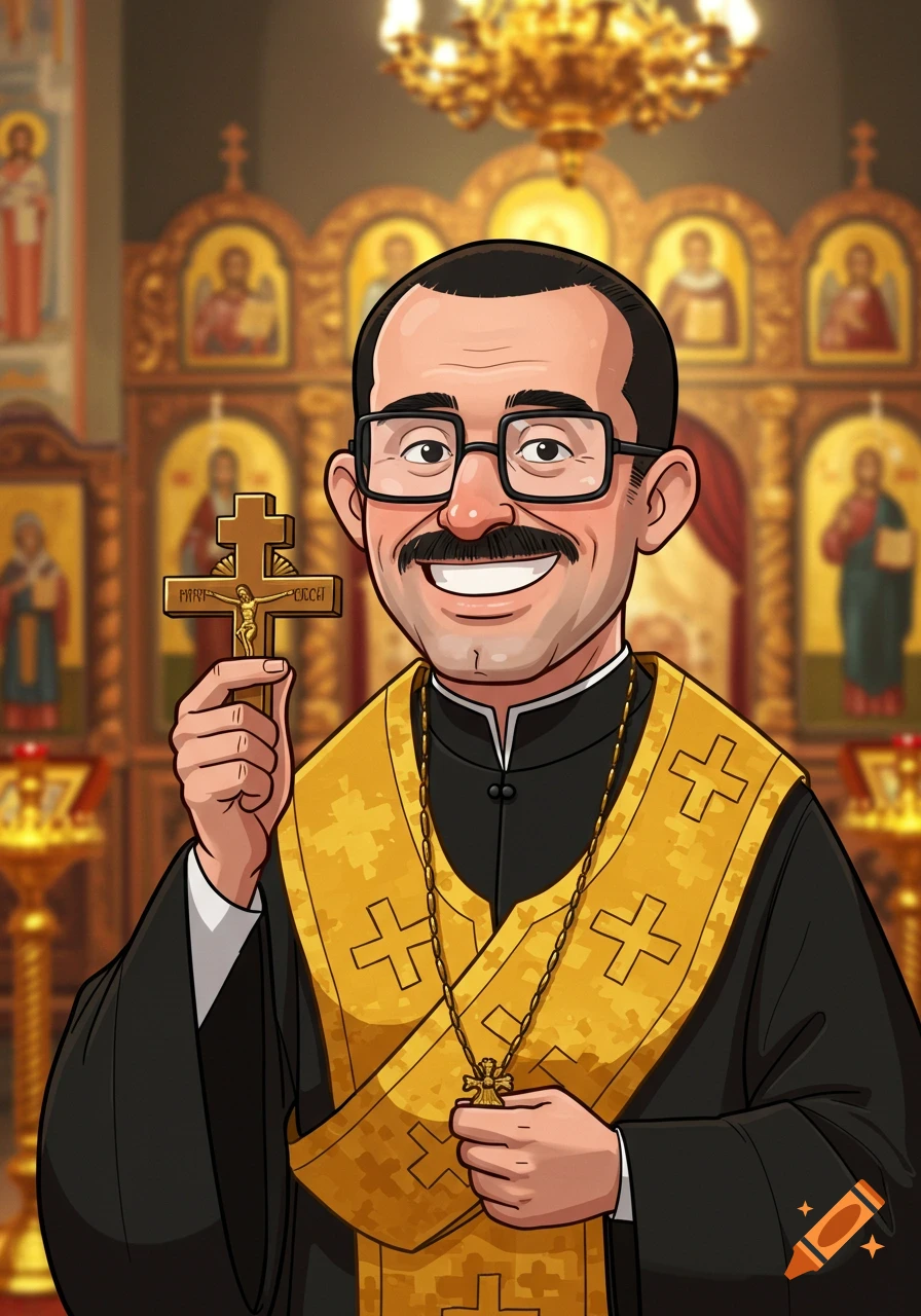 A smiling cartoon man dressed as a Russian Orthodox priest in a black cassock and gold epitrachelion, holding a 3-bar cross in a church interior.