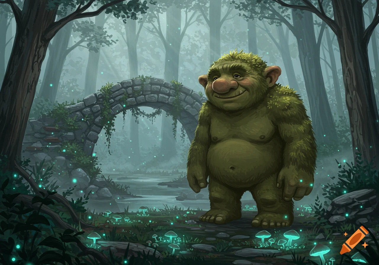 A whimsical green troll with a big nose stands smiling in a misty, magical forest with a stone bridge and glowing mushrooms.