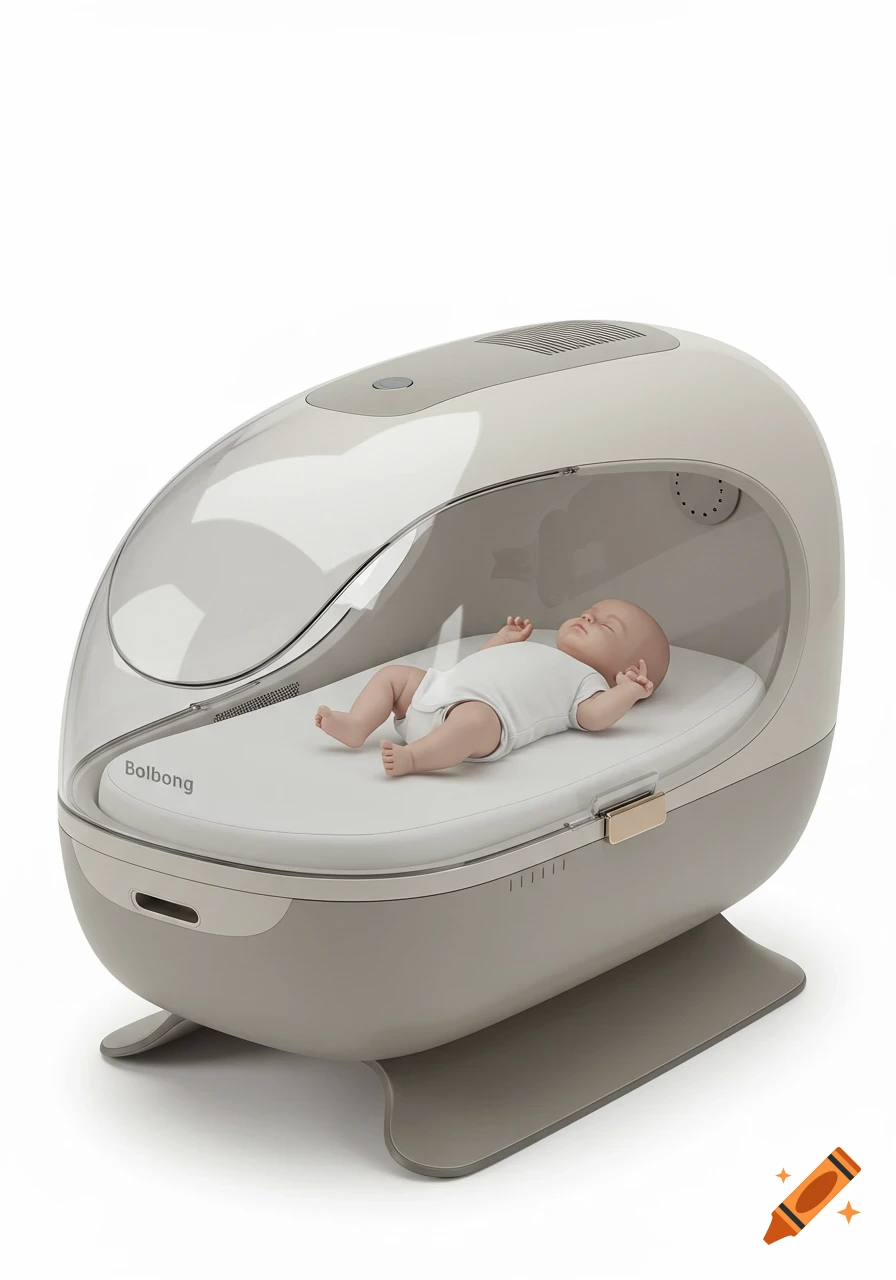 A baby sleeps inside a modern, sleek white and grey oval-shaped smart bassinet with a clear dome cover.