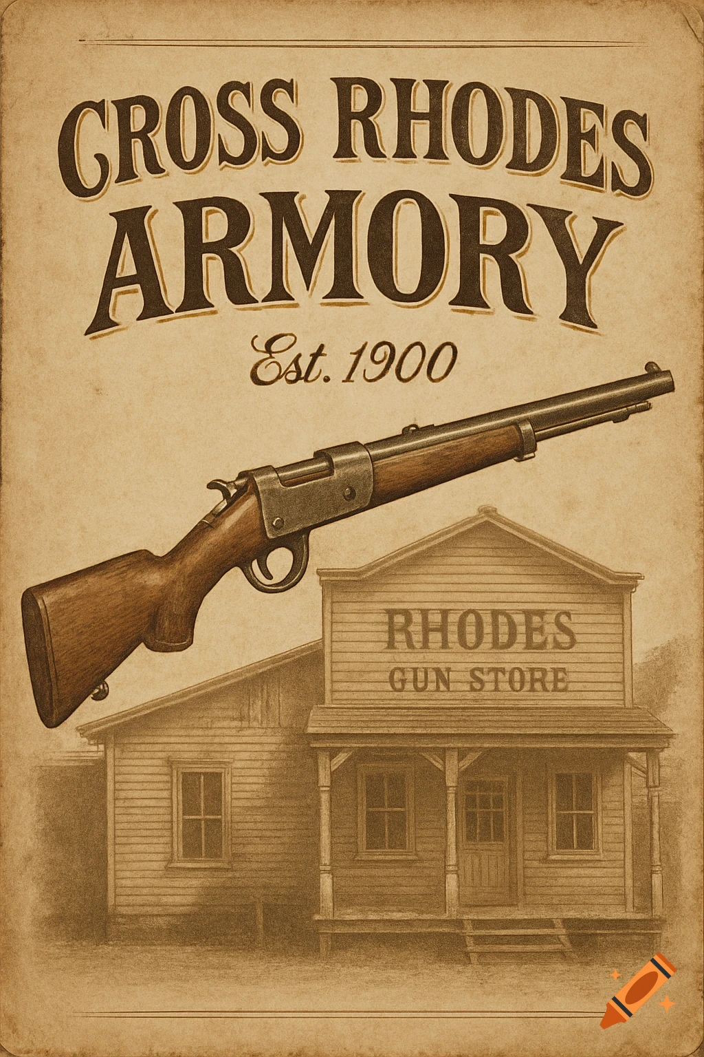 Vintage sepia-toned poster for Cross Rhodes Armory, featuring a rifle and a gun store building, with 'Est. 1900'.