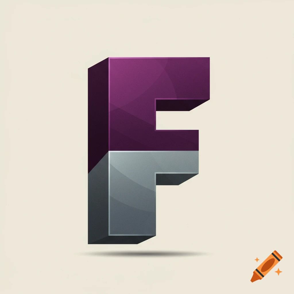 A stylized 3D block letter F in purple and grey.