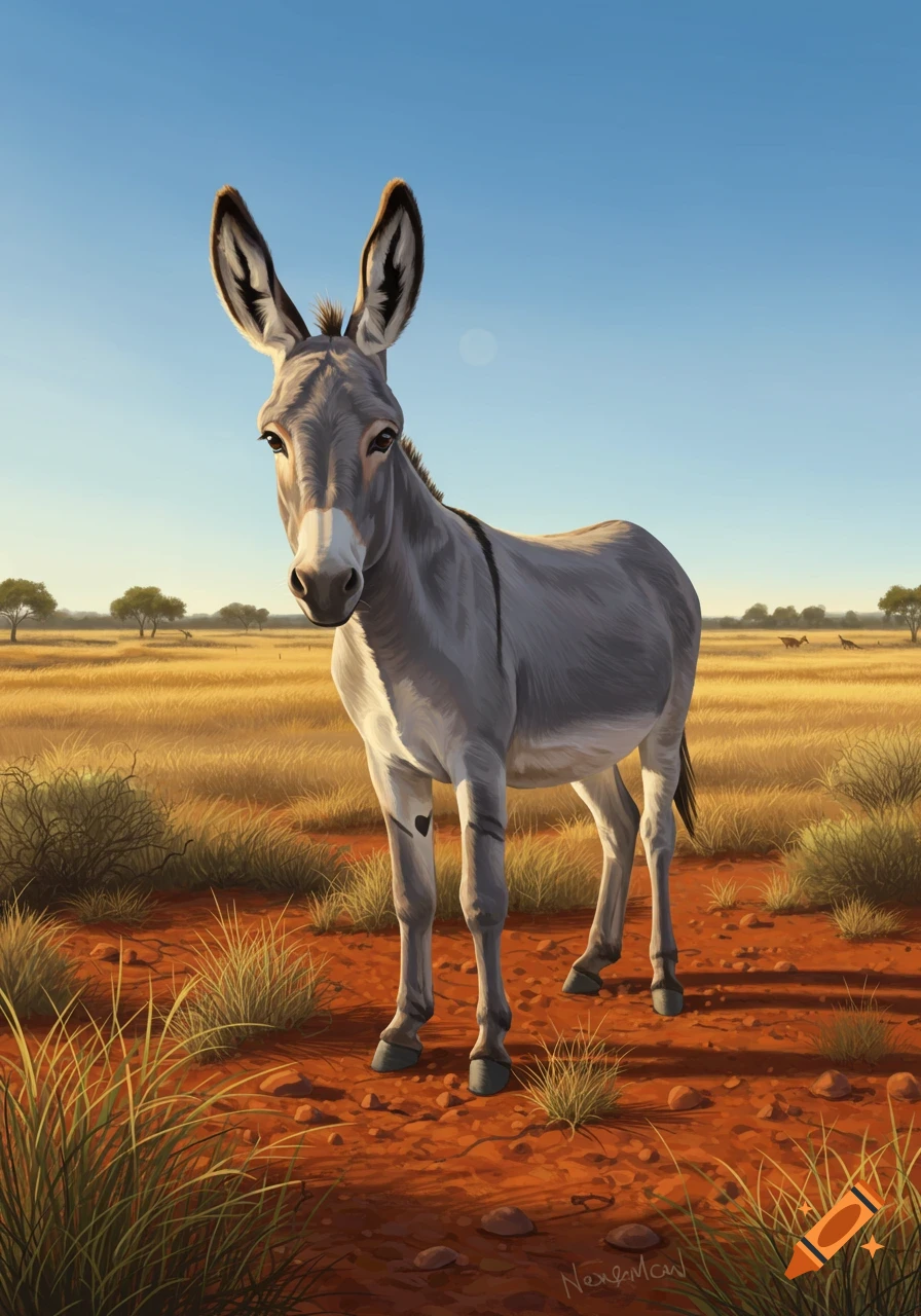 A grey donkey stands in a sunlit, grassy field with red soil under a clear blue sky, digital painting.