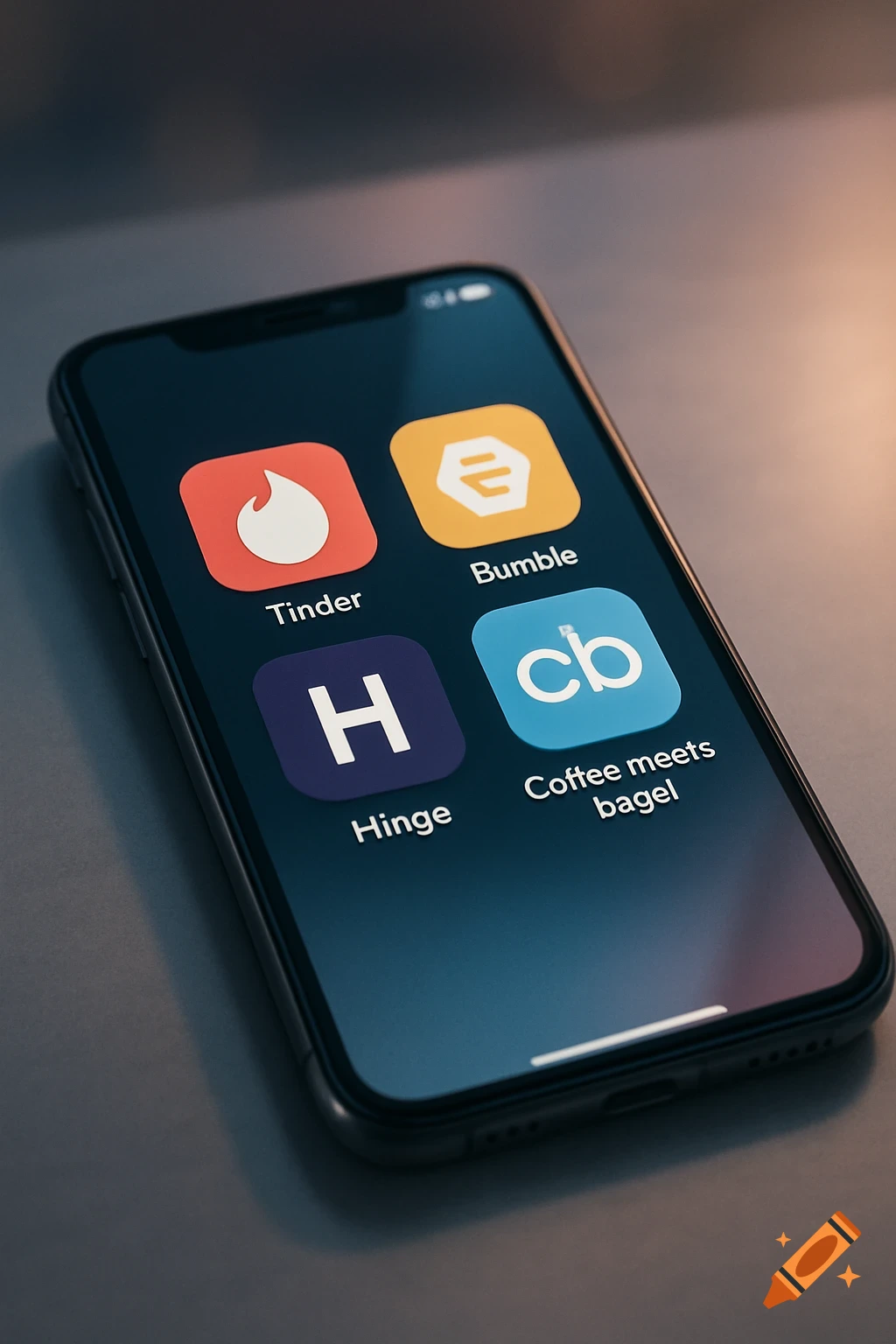 Closeup of a smartphone screen displaying dating apps: Tinder, Bumble, Hinge, and Coffee Meets Bagel.