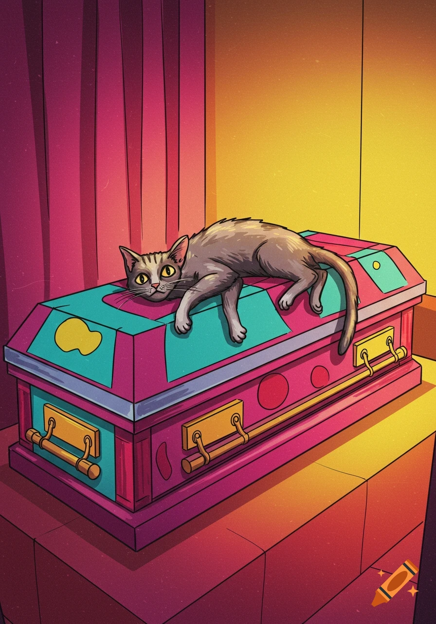 A grey tabby cat lies on a brightly colored pop art casket, with a pink wall and yellow background.