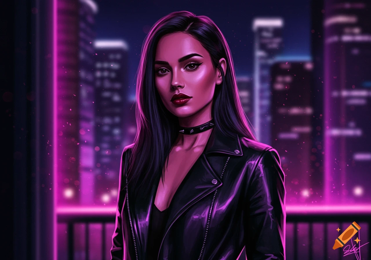 A digital art portrait of a woman with dark hair and red lips, wearing a black leather jacket and choker, against a neon pink lit city skyline at night.