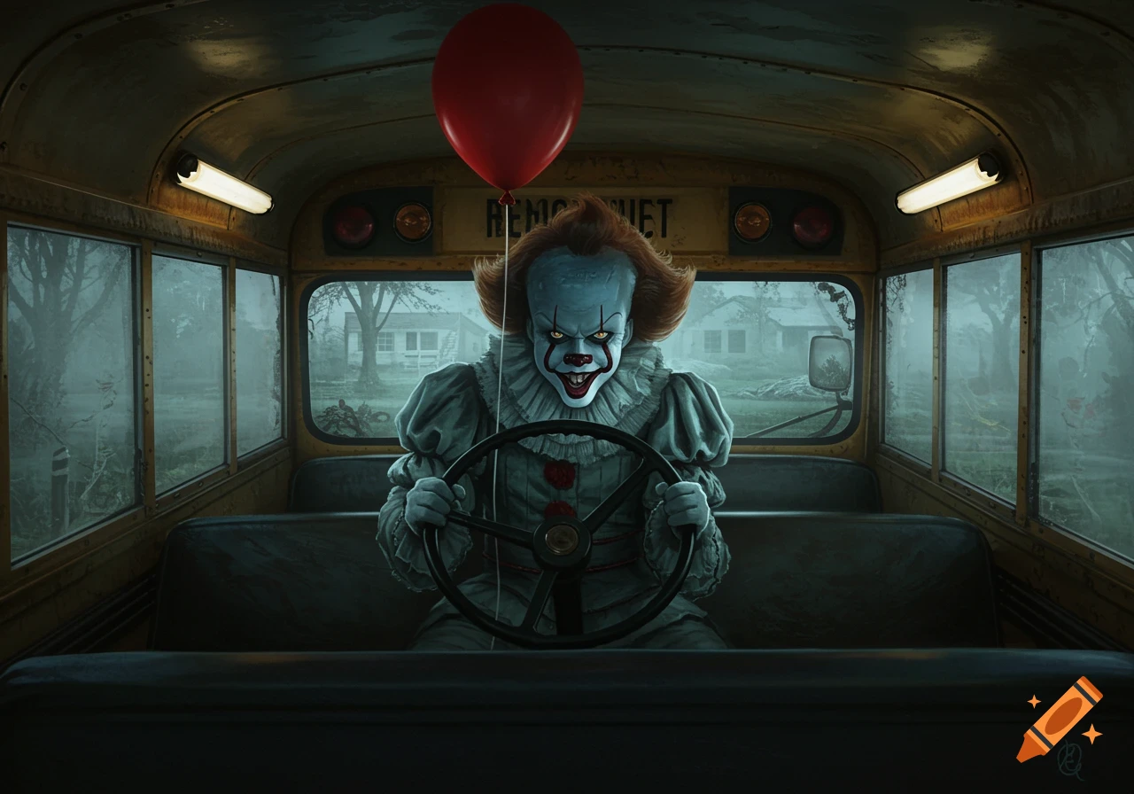 Pennywise the clown in a school bus, holding the steering wheel, with a red balloon floating above, looking out at a gloomy, foggy landscape.