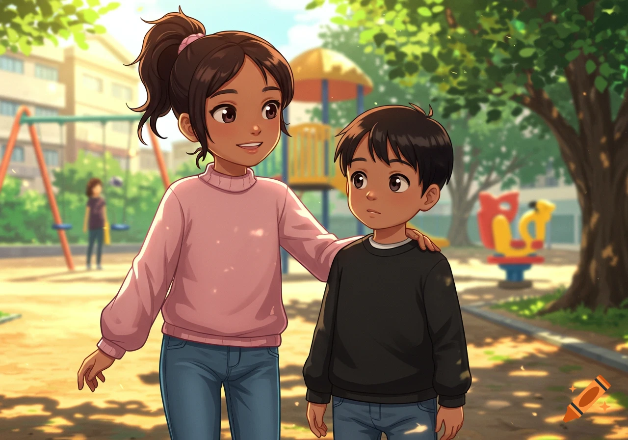 An anime girl with a ponytail and pink sweater comforts a boy in a black sweater, standing in a sunny playground.