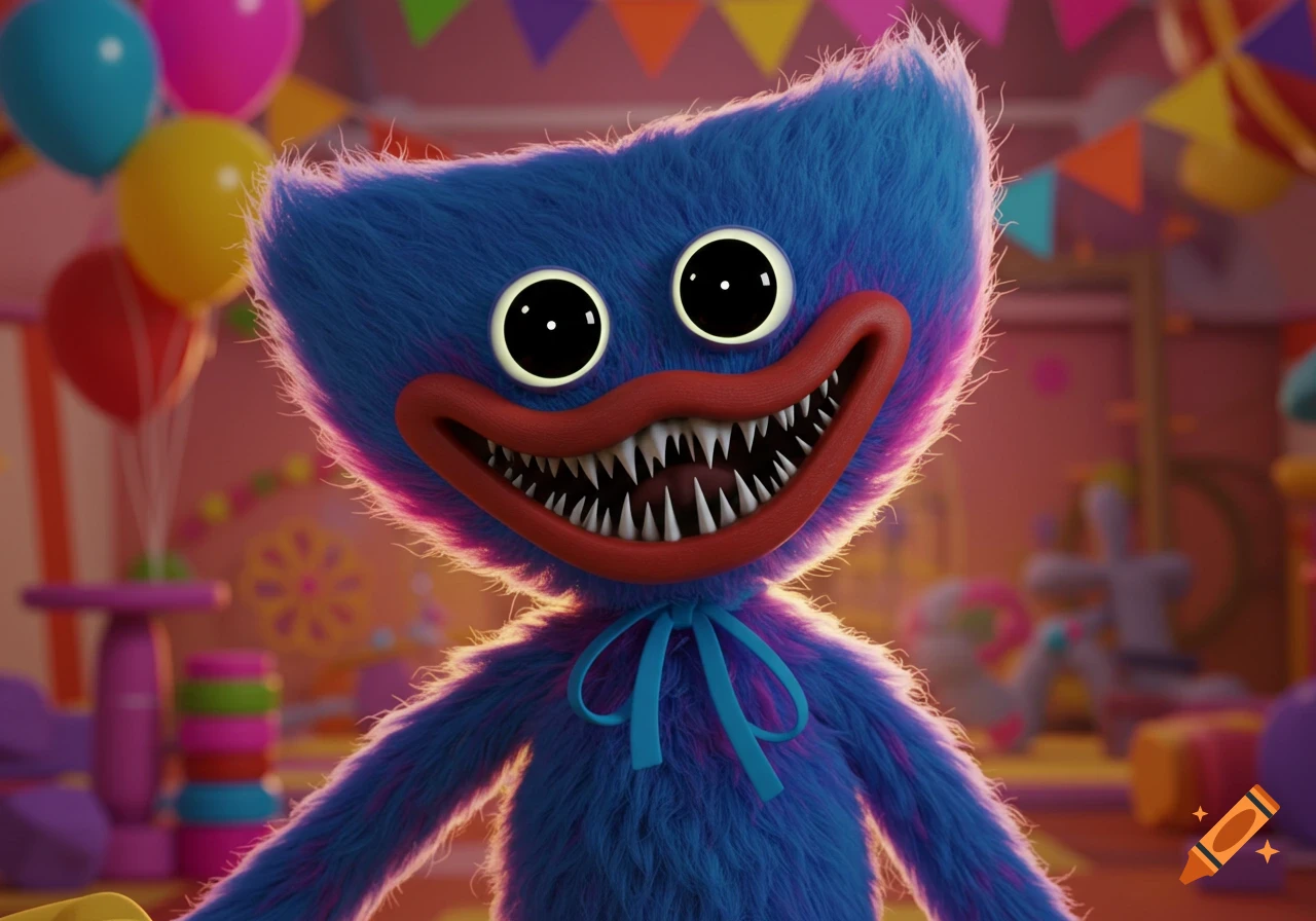 A close-up of the blue, furry Huggy Wuggy character with a wide, toothy grin and large black eyes, in a colorful party room.