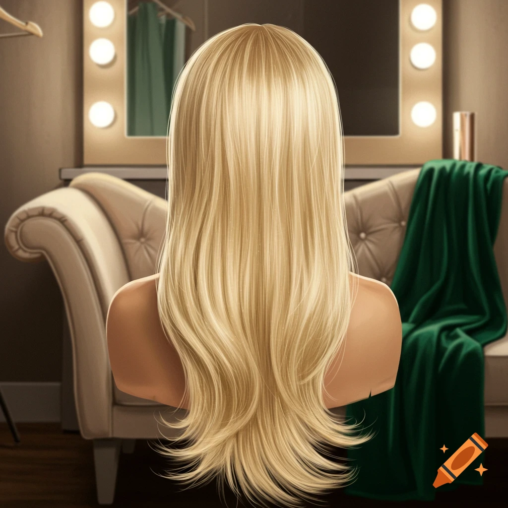 Back of a blonde, sleek, long wig on a stand in a dressing room with a mirror and chair.