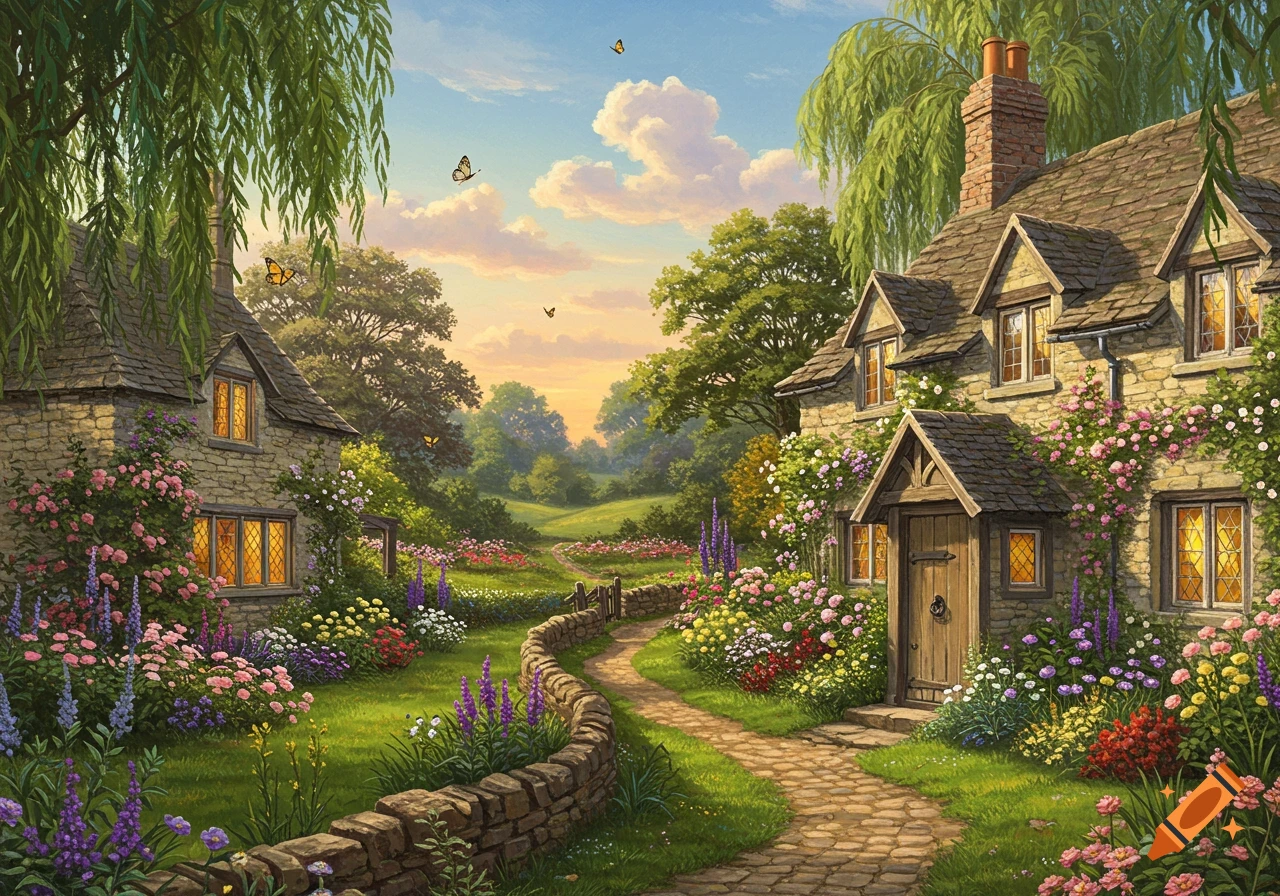 A vibrant cottage garden scene with stone houses, a winding path, and colorful flowers under a bright sky.