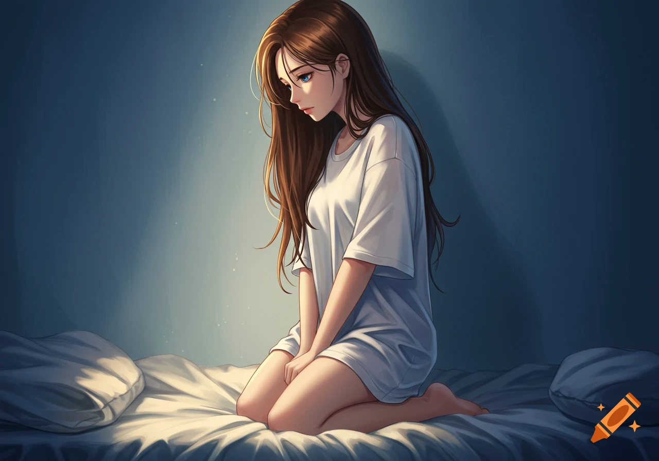 Anime girl with long brown hair and blue eyes kneeling on a bed, looking down in a softly lit bedroom.