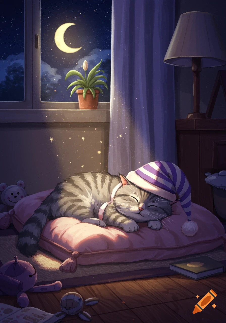 An illustration of a gray tabby cat wearing a striped nightcap, sleeping on a pink pillow by a moonlit window.