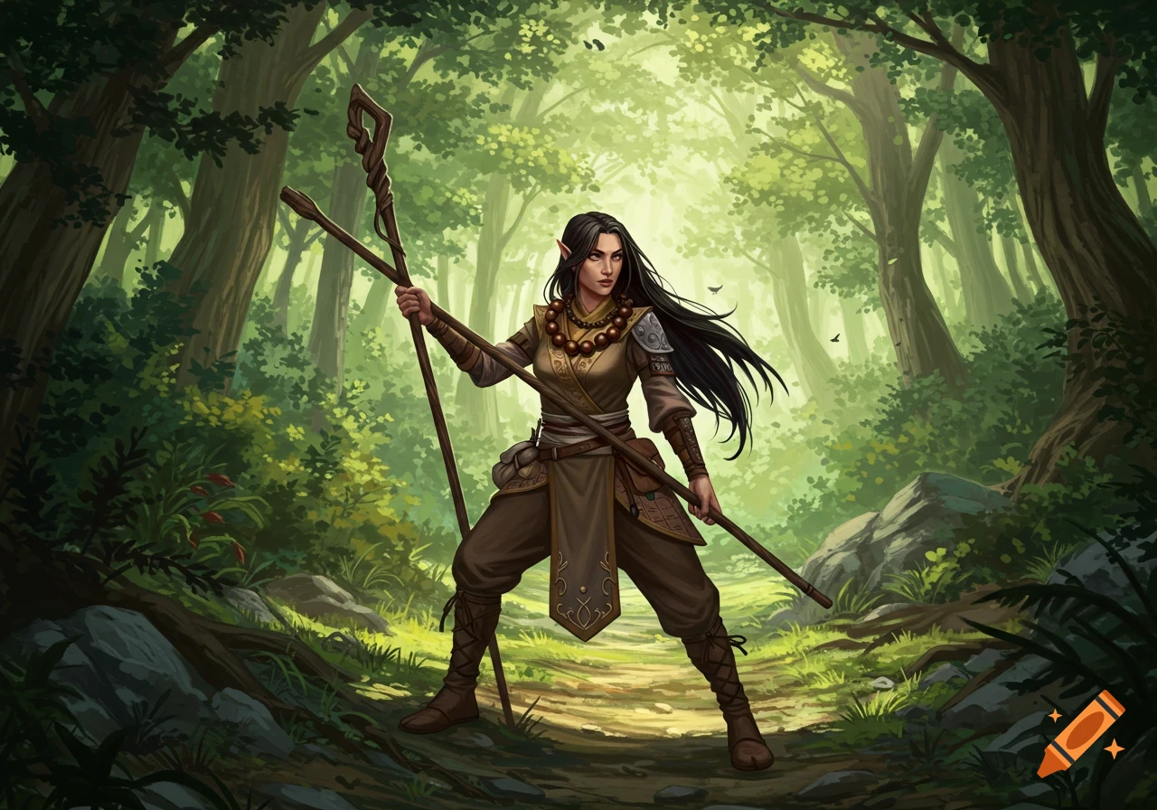 A female fantasy monk with long dark hair stands on a wooded path holding a quarterstaff, rendered in a digital painting style.