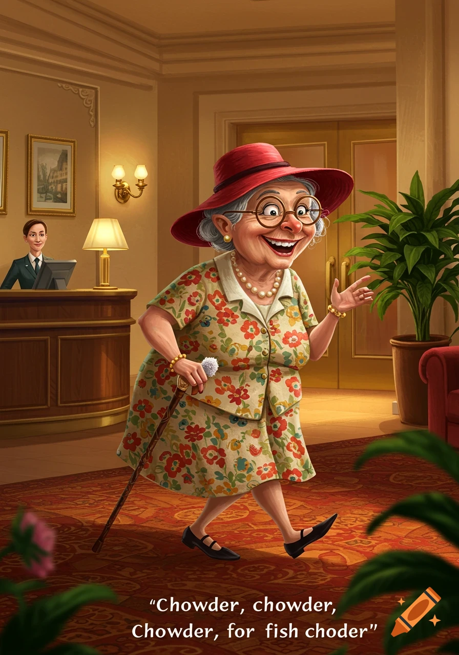 Cartoon old lady in red hat and floral dress with cane in hotel lobby. Text reads: "Chowder, chowder, Chowder, for fish choder."
