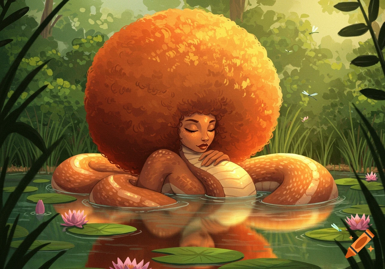 A serene anthropomorphic snake woman with a massive orange afro relaxes in a pond amidst lush foliage and lily pads, in a 2D art style.