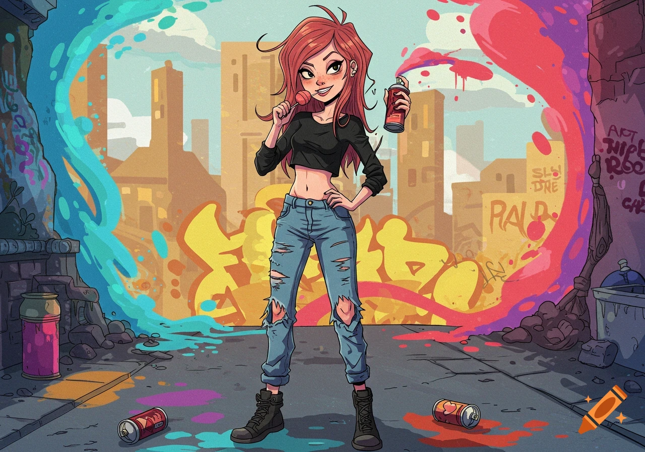 A stylized drawing of a girl with red hair, black crop top, and ripped jeans, holding a spray paint can and a lollipop, standing in a city street with graffiti.