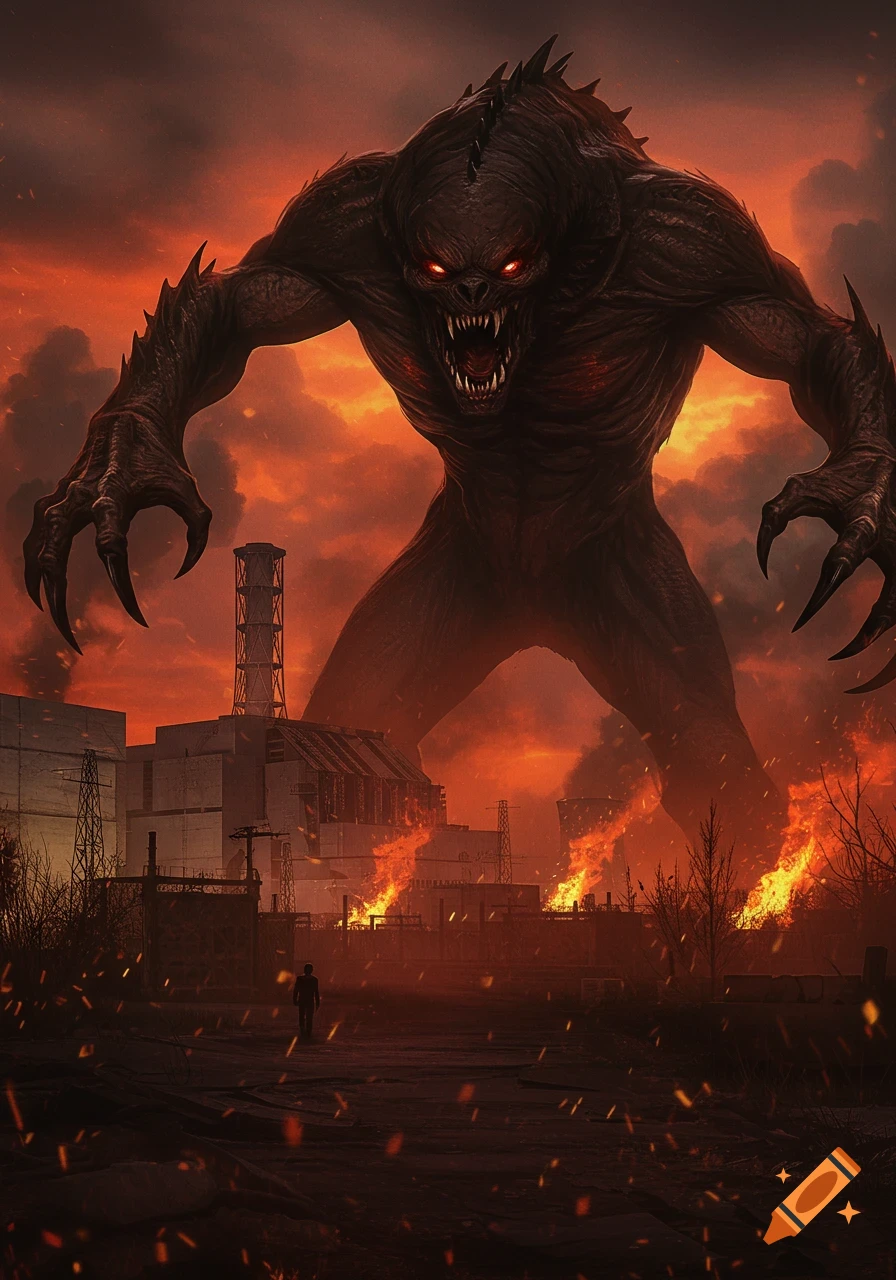 A giant, fanged monster with glowing red eyes looms over a burning Chernobyl nuclear power plant as a person walks away.