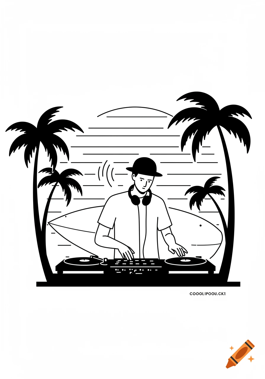 A black and white line art illustration of a DJ playing on turntables between palm trees, with a surfboard and horizontal lines in the background.