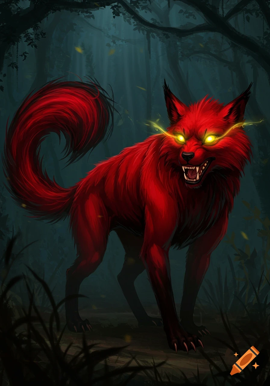 A red, wolf-like creature with glowing yellow eyes and sharp teeth stands in a dark, mystical forest.