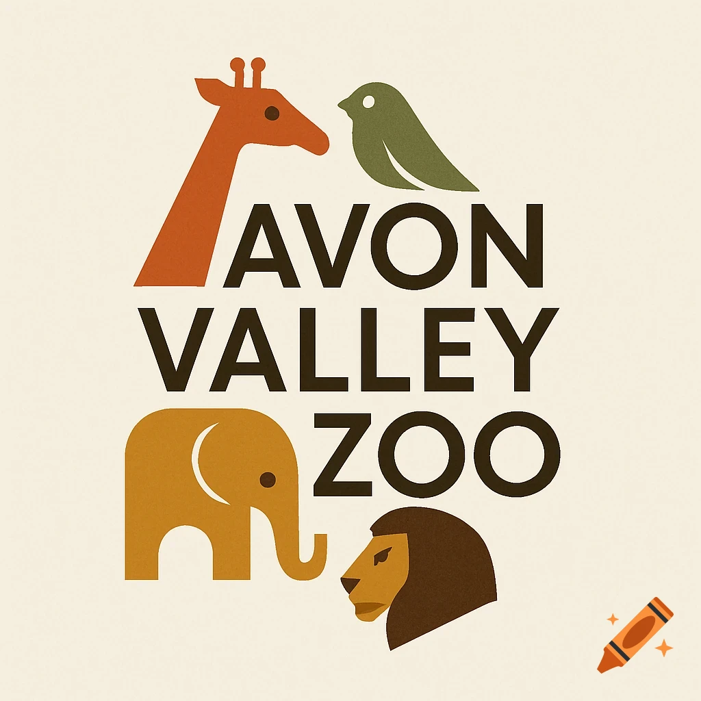 Mid-century modern logo for Avon Valley Zoo with stylized giraffe, bird, elephant, and lion silhouettes.