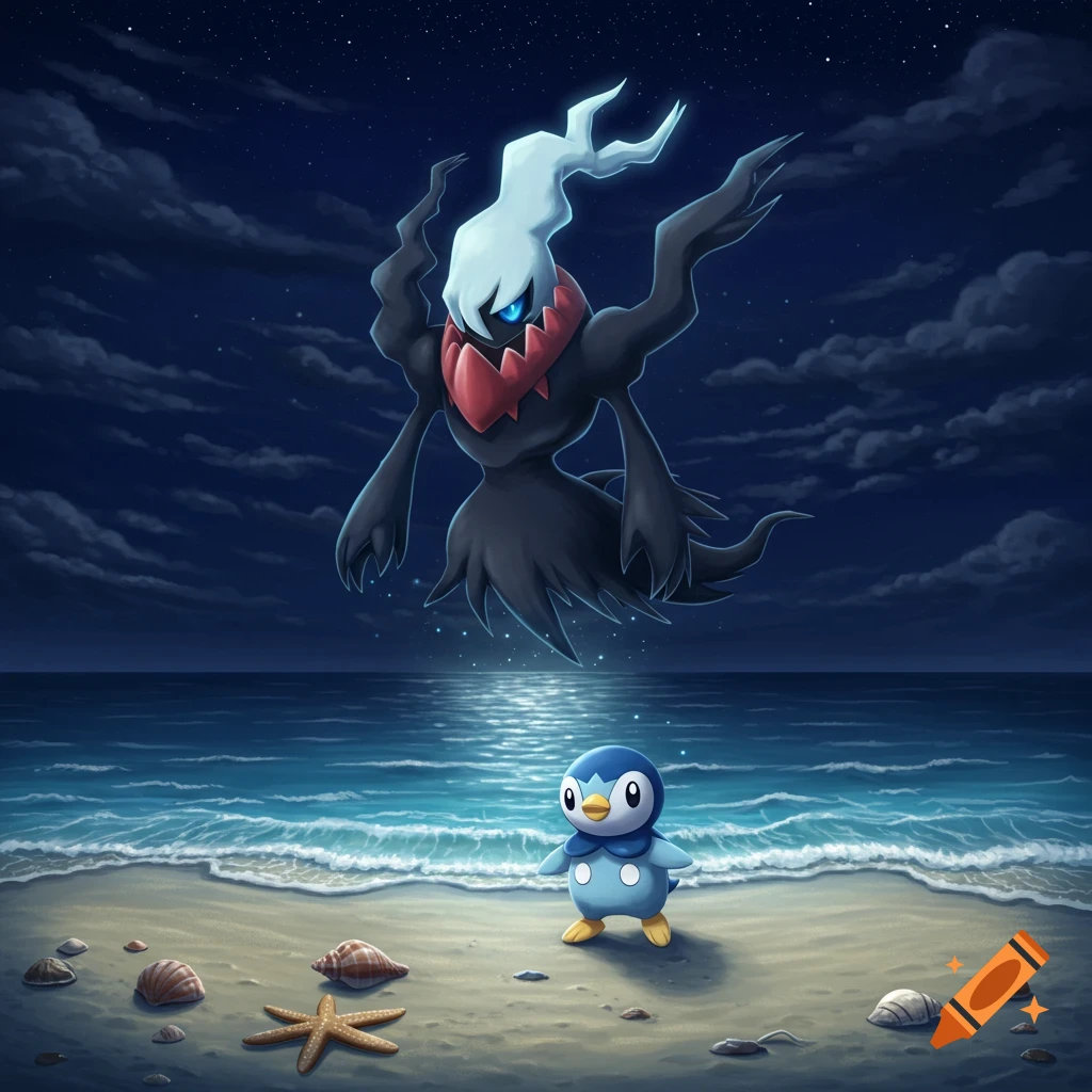 Darkrai floats menacingly above a small Piplup on a moonlit beach at night with seashells.