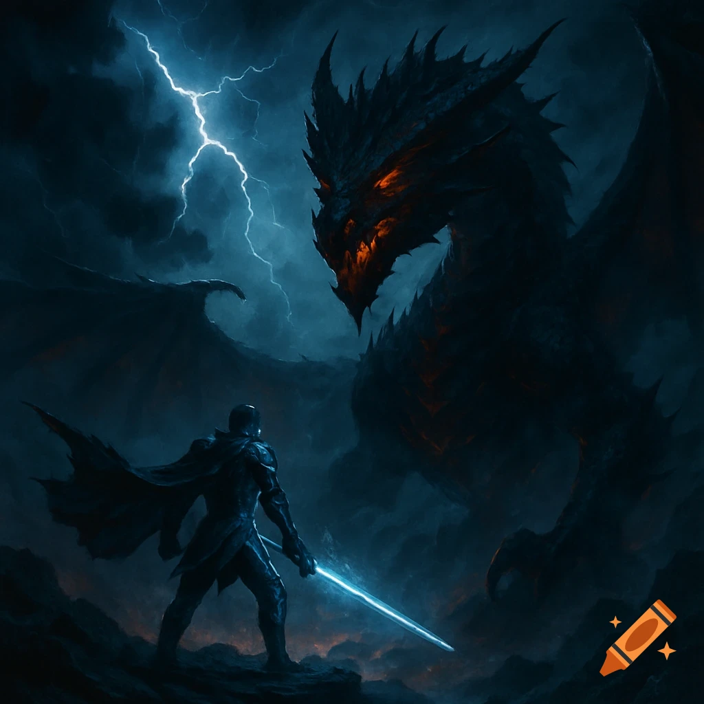 A knight with a glowing sword stands before a massive dragon under a lightning-filled, stormy sky.
