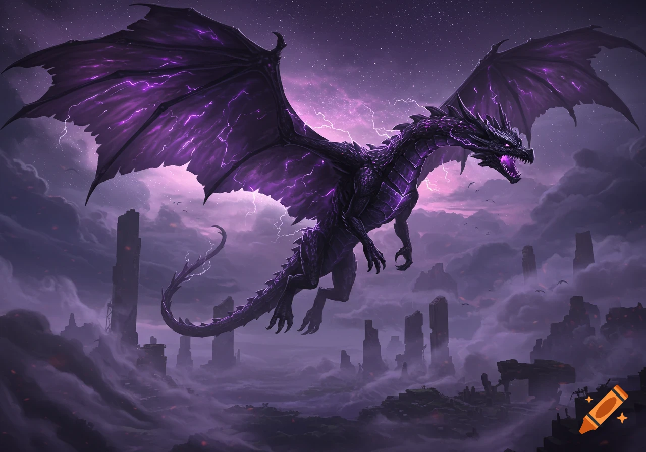 A menacing purple and black dragon with glowing eyes flies over a ruined city under a stormy, starry sky with purple lightning.