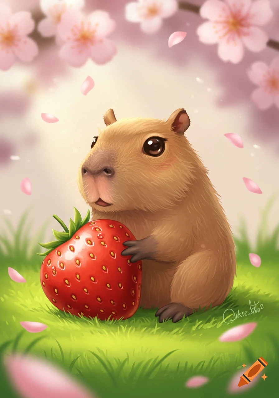 A cute capybara holding a large strawberry under pink cherry blossoms, in a whimsical illustration style.