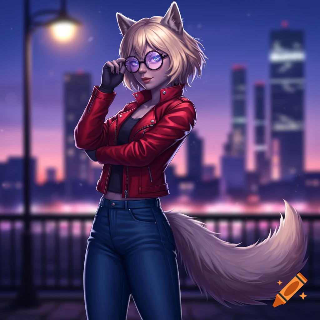 An anime wolf girl with short blonde hair and a fluffy tail, wearing a red leather jacket, blue jeans, and purple glasses, standing in a city at sunset.