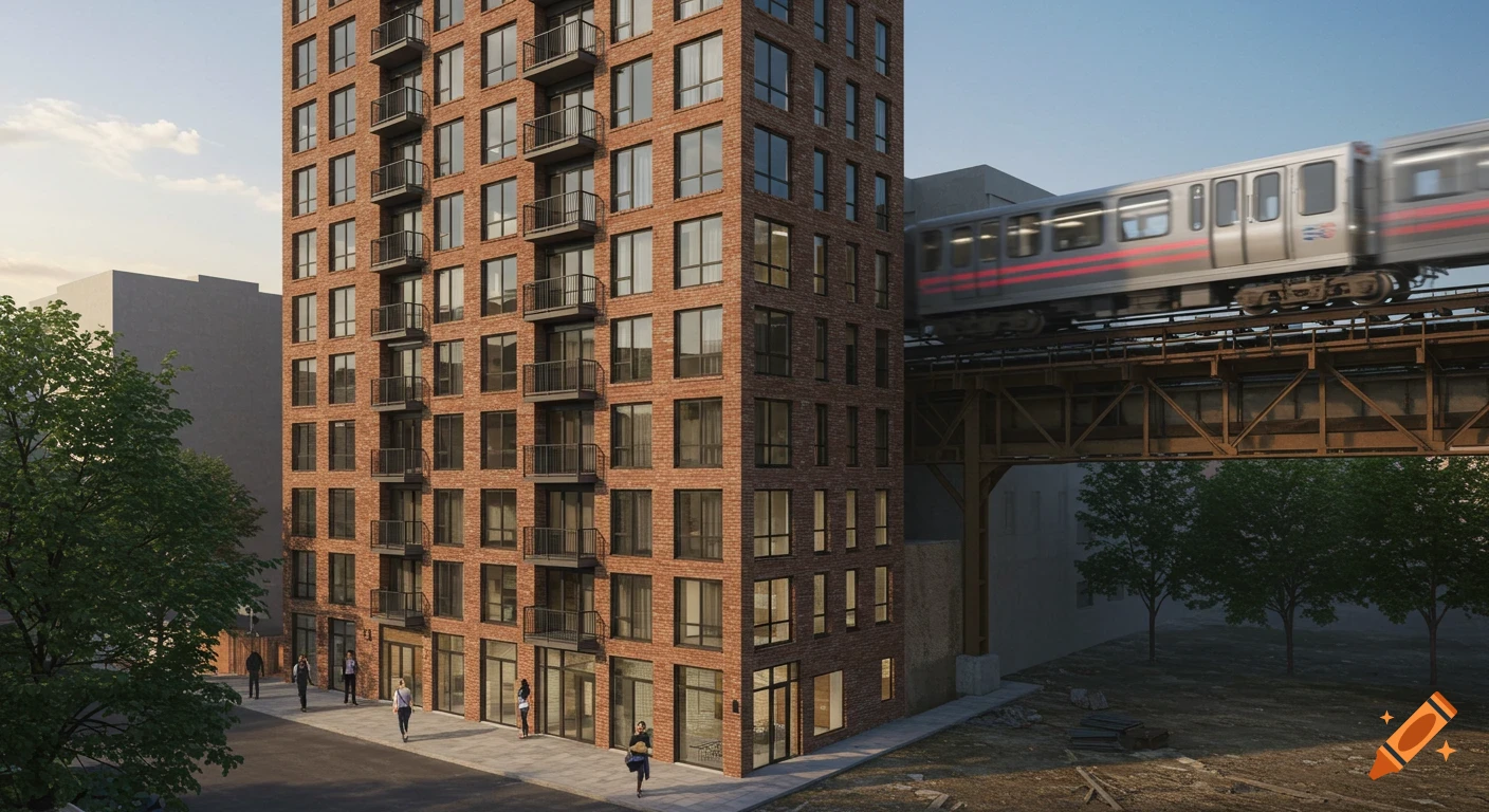 A modern brick apartment building stands beside an elevated train track with a silver train in motion.